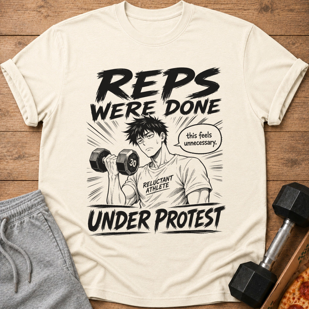 Cream t-shirt with manga-style graphic: "REPS WERE DONE" and "UNDER PROTEST".