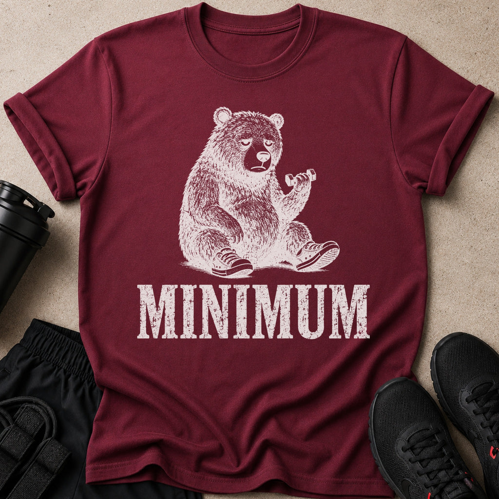 Burgundy t-shirt with a distressed graphic of a tired bear lifting a dumbbell.