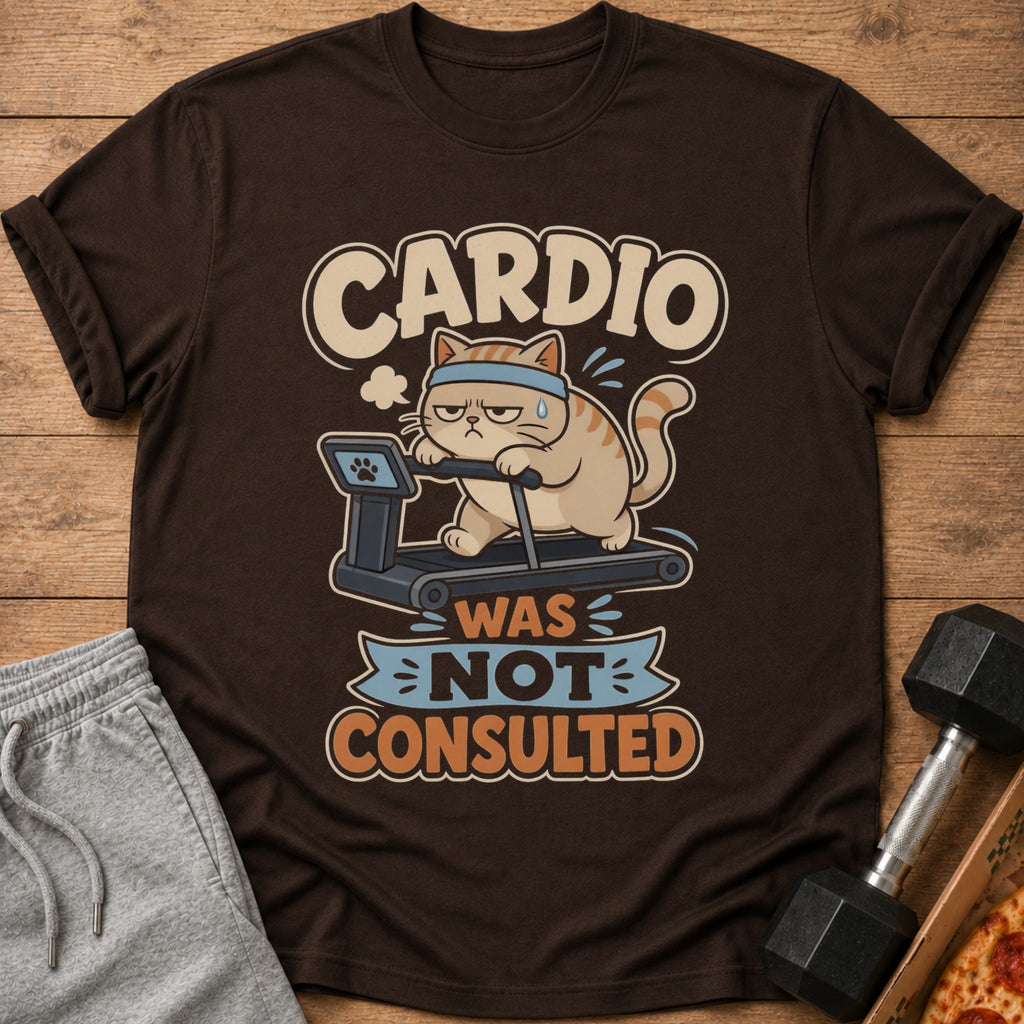 Brown t-shirt with cartoon cat on treadmill, text reads "CARDIO WAS NOT CONSULTED".