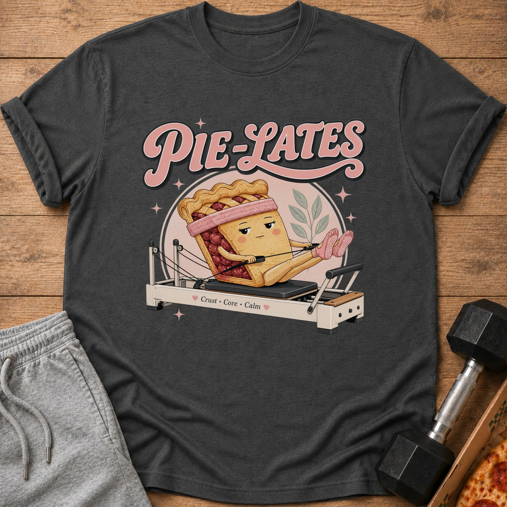 T-shirt graphic of a pie on a reformer machine with text "Pie-Lates".