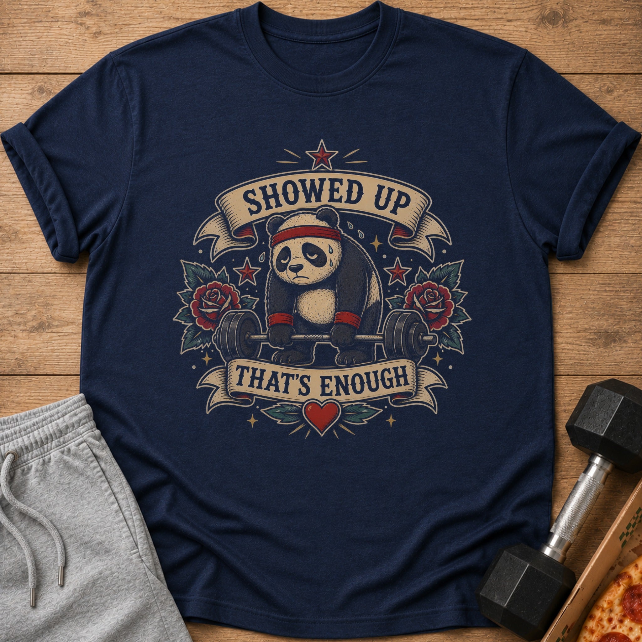 T-shirt with a tired panda lifting a barbell, reading "Showed Up That's Enough".