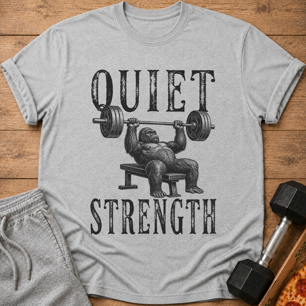 Gorilla bench pressing with "QUIET STRENGTH" text on a gray t-shirt.