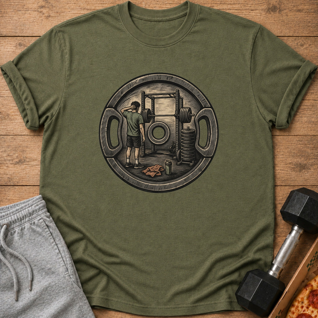 Olive green t-shirt with a graphic of a weightlifter in a gym.