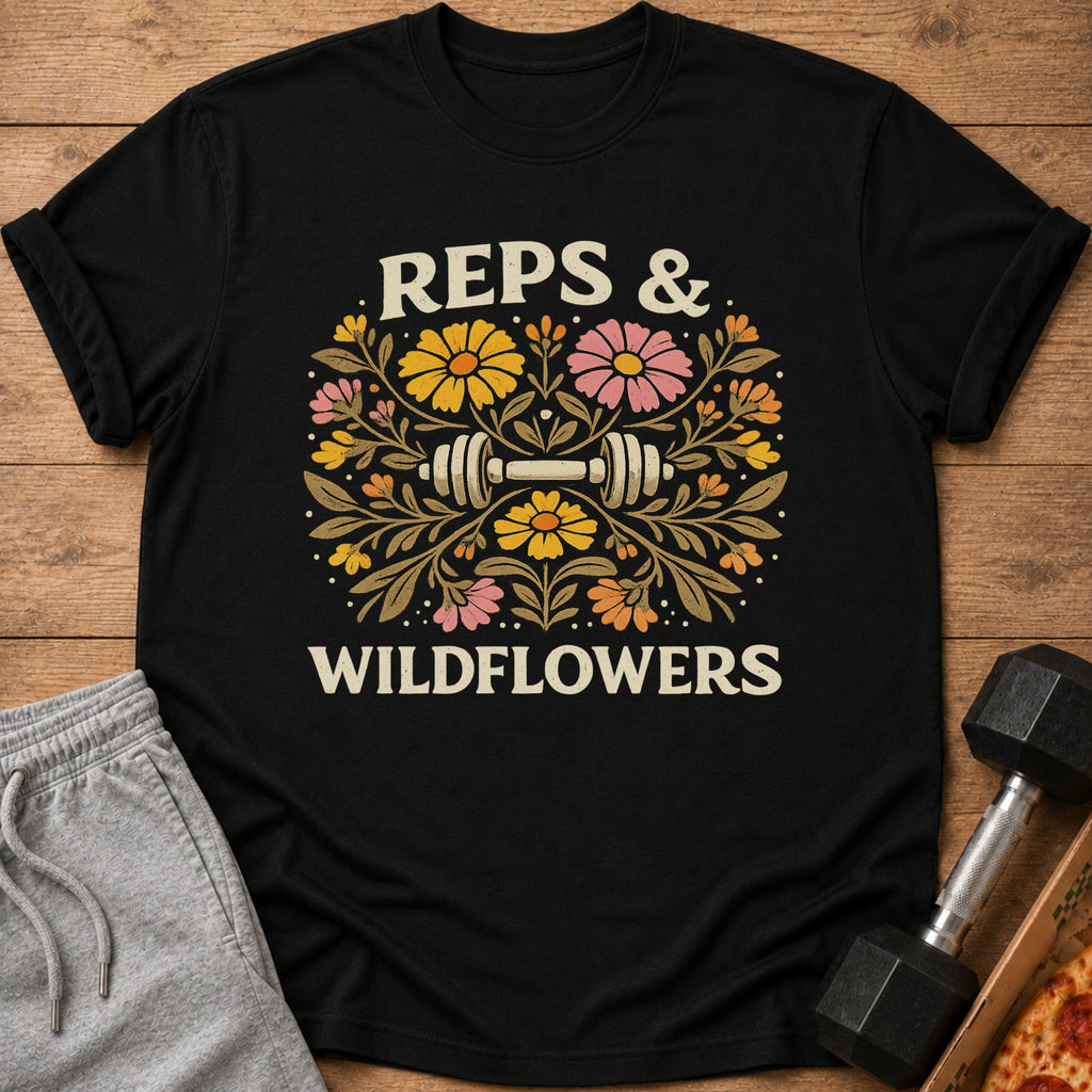 Black t-shirt with "REPS & WILDFLOWERS" text and a barbell surrounded by flowers.