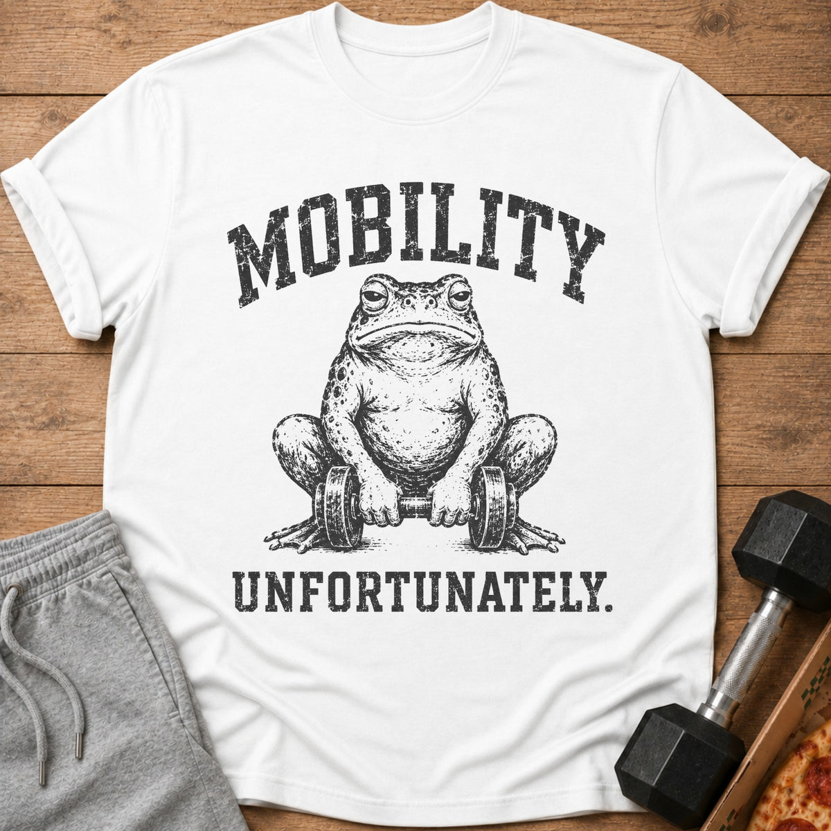 White t-shirt with a toad lifting dumbbells, text says MOBILITY UNFORTUNATELY.