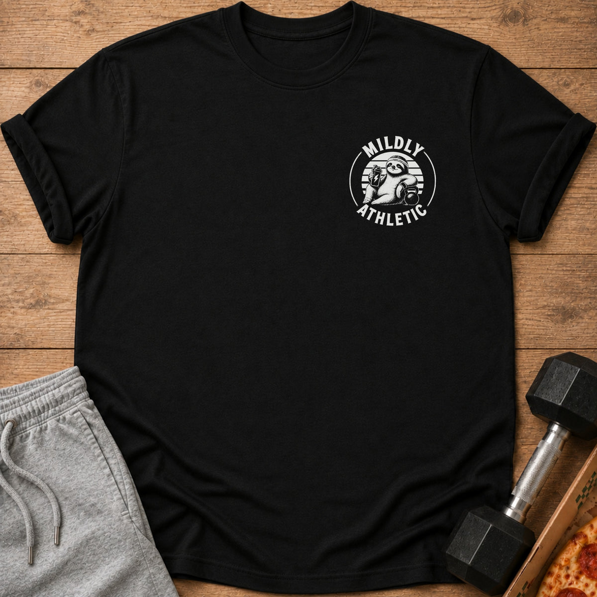 Black t-shirt with "MILDLY ATHLETIC" text and a sloth graphic.
