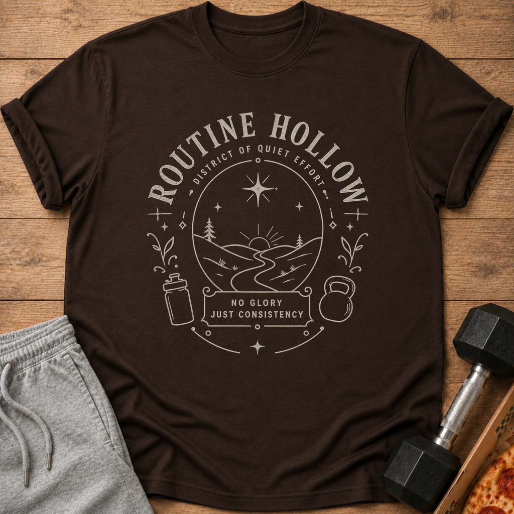 Brown t-shirt with "Routine Hollow" design and workout motifs.