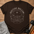 Brown t-shirt with "Routine Hollow" design and workout motifs.