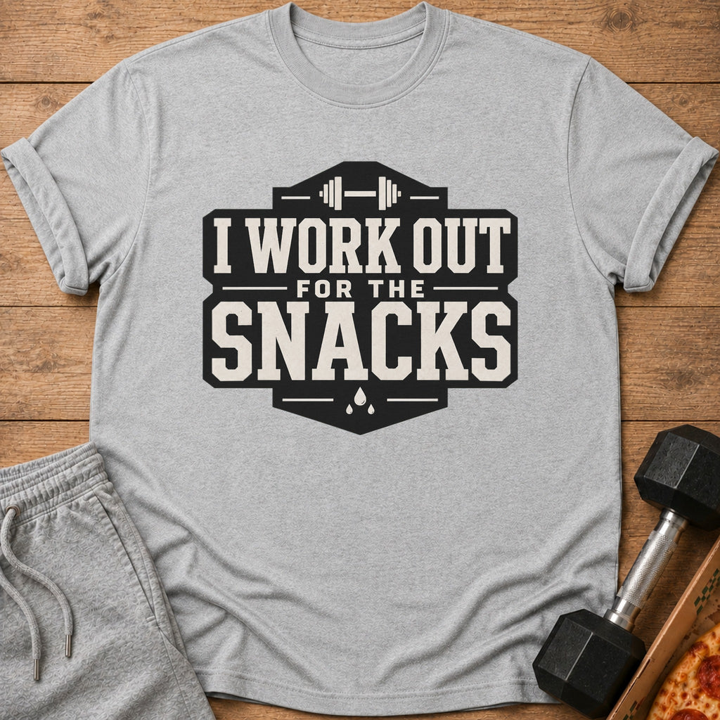 Grey t-shirt with "I Work Out For The Snacks" graphic, dumbbell, and pizza.