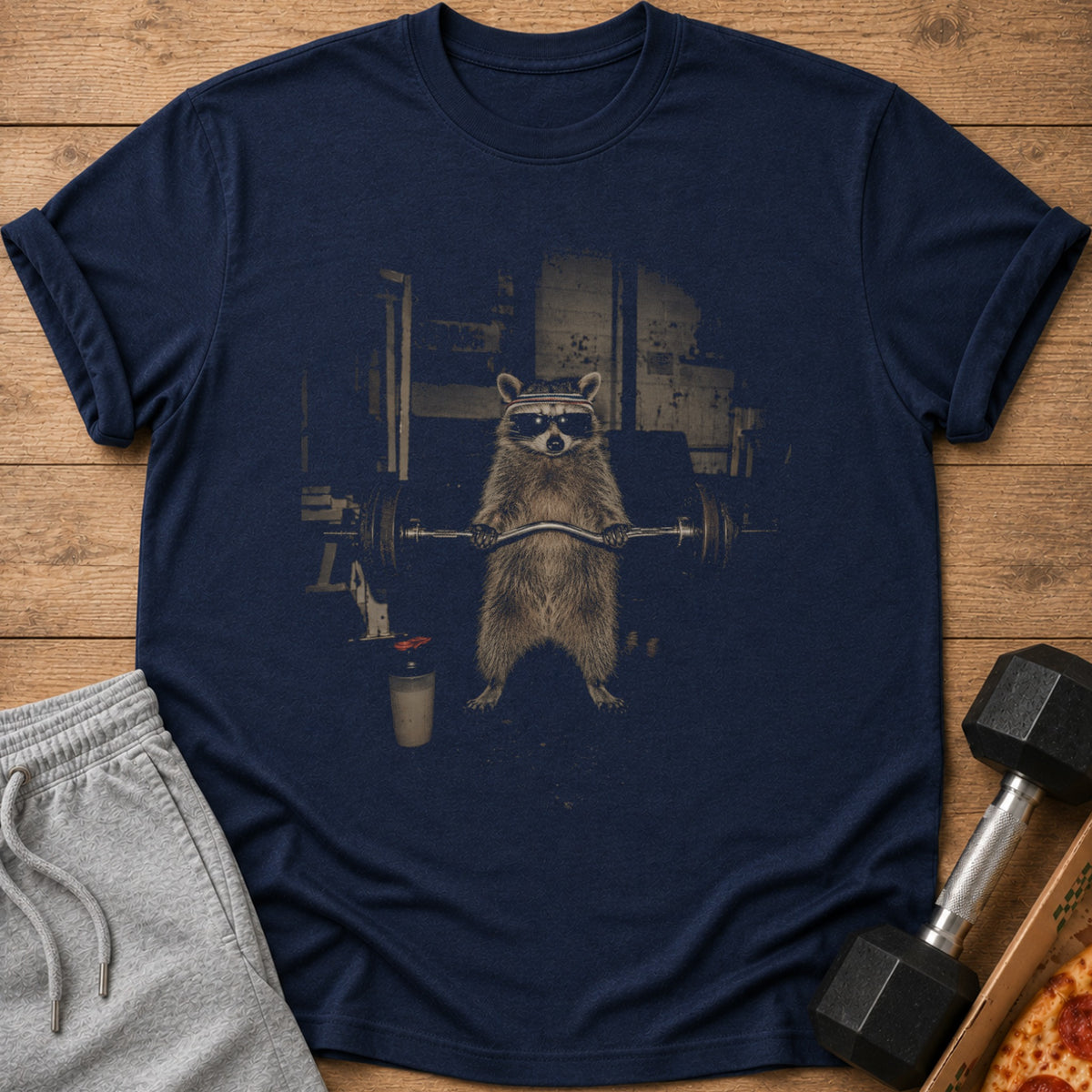 Navy t-shirt with a graphic of a raccoon lifting weights in a gym.