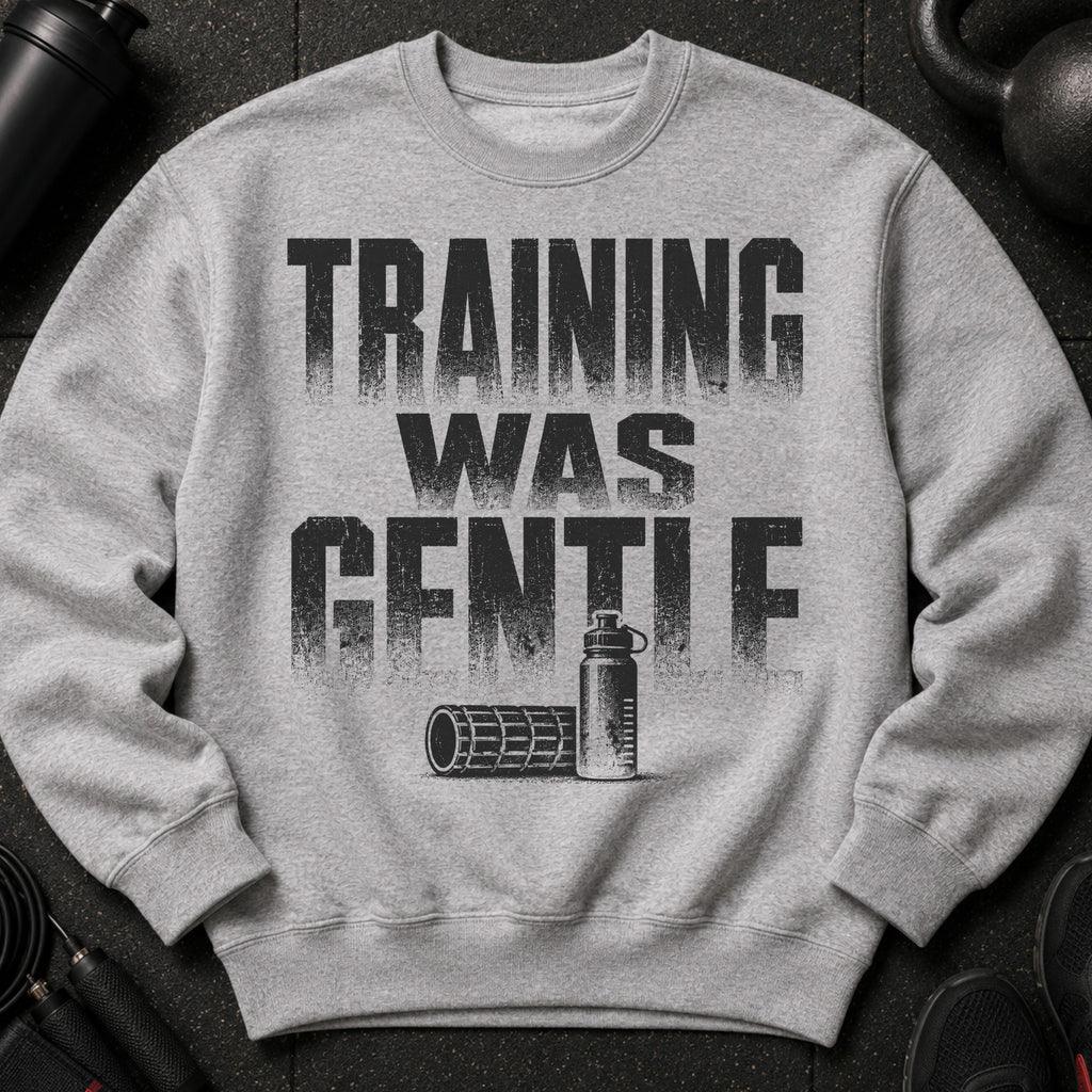 Gray sweatshirt with "TRAINING WAS GENTLE" text and gym accessories.