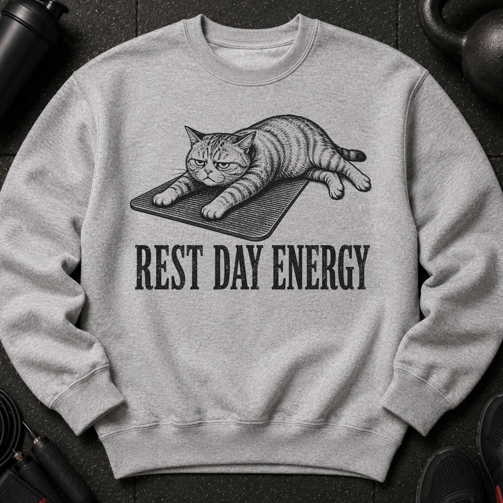Grey sweatshirt with a sketched cat and the text "REST DAY ENERGY".
