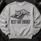 Grey sweatshirt with a sketched cat and the text "REST DAY ENERGY".