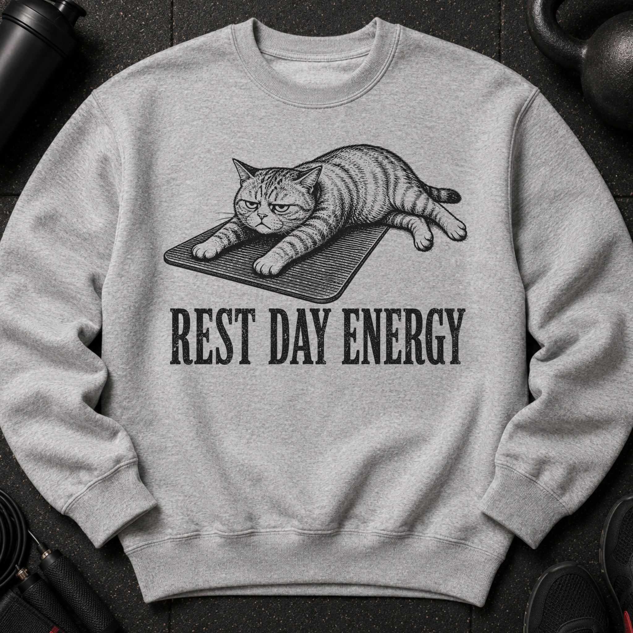 Grey sweatshirt with a sketched cat and the text "REST DAY ENERGY".