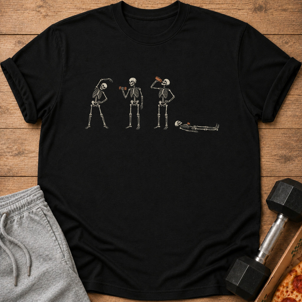 Black t-shirt with skeleton graphic showing exercise, drinking, and resting.