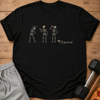 Black t-shirt with skeleton graphic showing exercise, drinking, and resting.