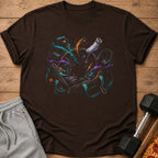Brown t-shirt with graphic of gym bag spilling workout items and food.