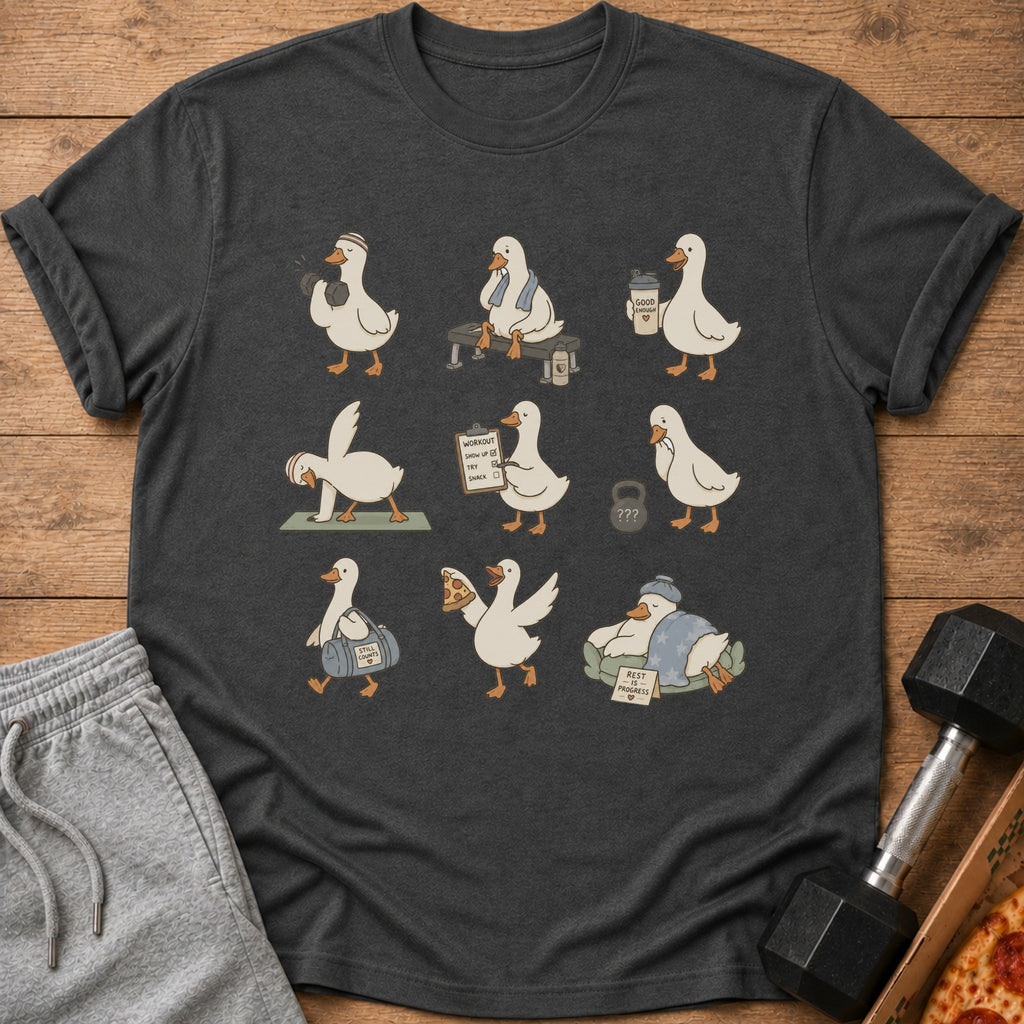 T-shirt with a graphic of nine cartoon ducks engaging in various fitness activities.