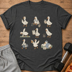 T-shirt with a graphic of nine cartoon ducks engaging in various fitness activities.