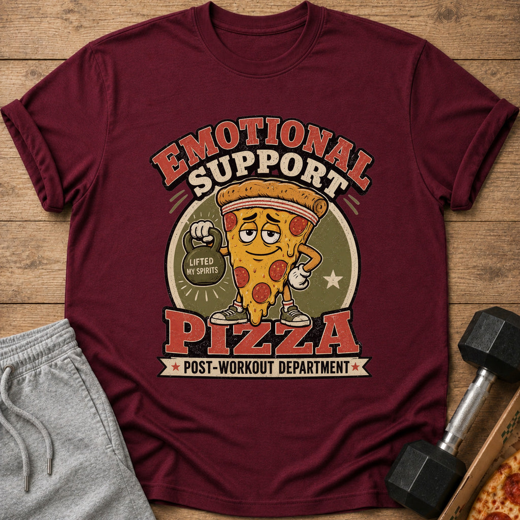 Maroon t-shirt with a cartoon slice of pizza lifting weights, text "Emotional Support Pizza".