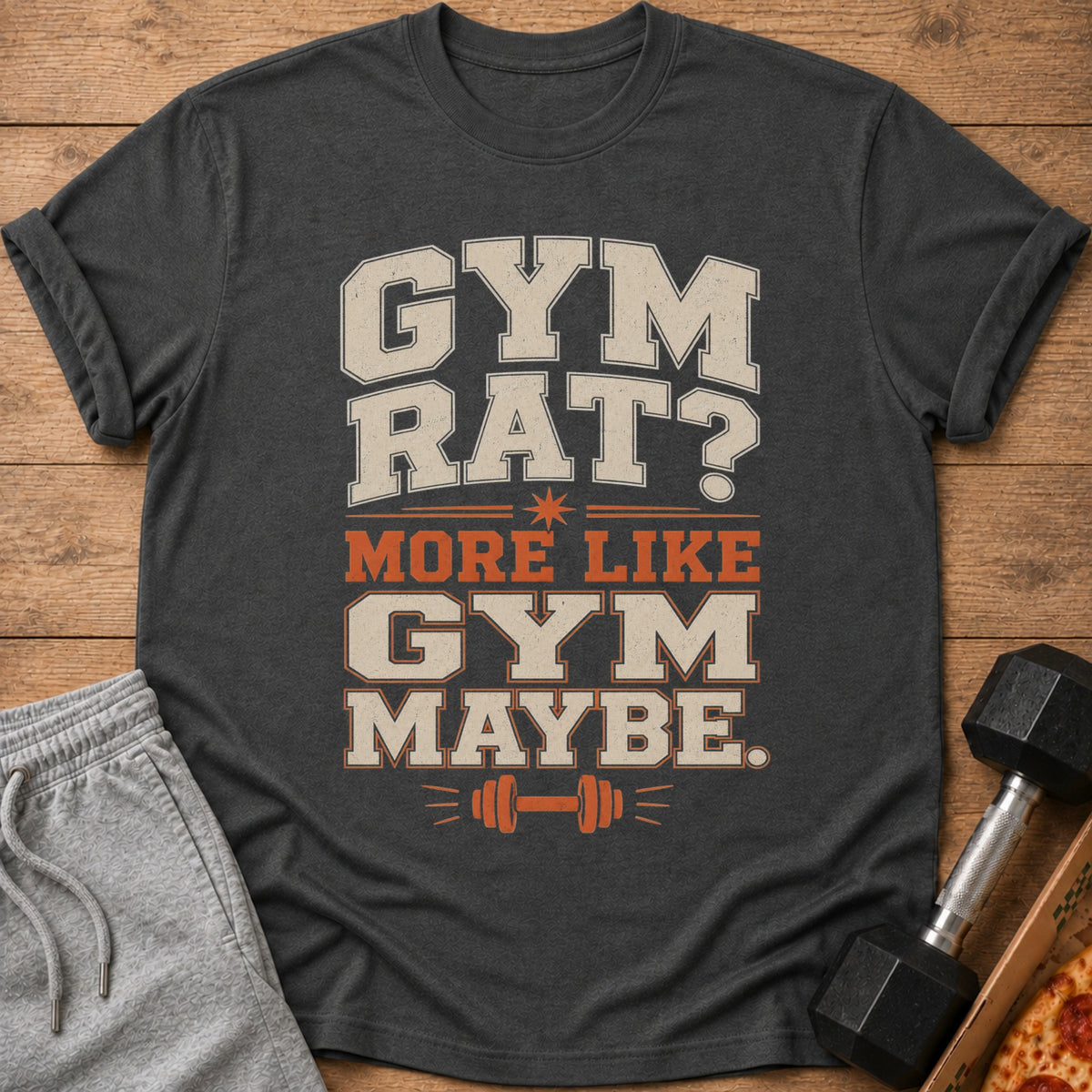 Dark grey t-shirt with text "Gym Rat? More Like Gym Maybe."