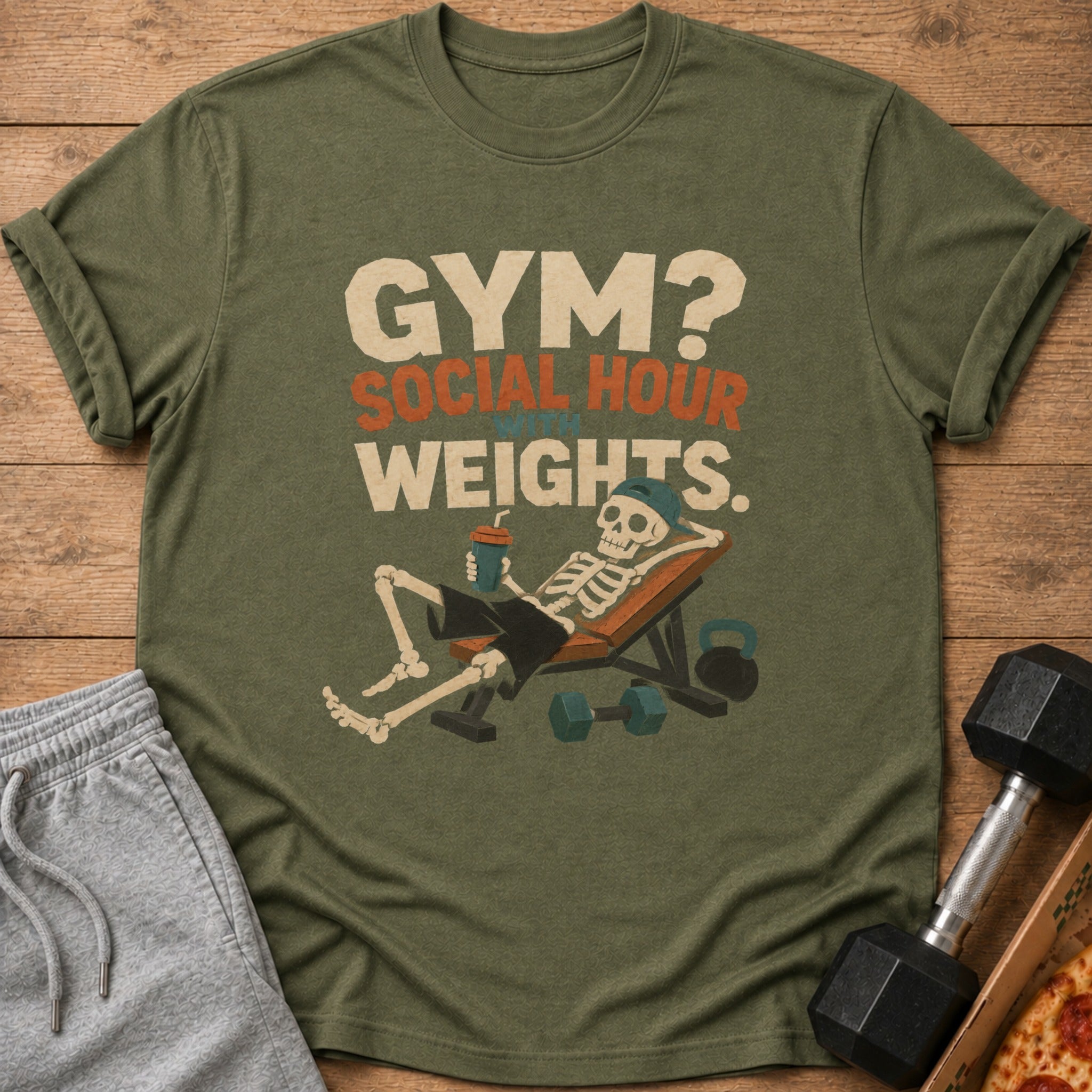 T-shirt with text "GYM? SOCIAL HOUR WITH WEIGHTS." and a skeleton on a bench.