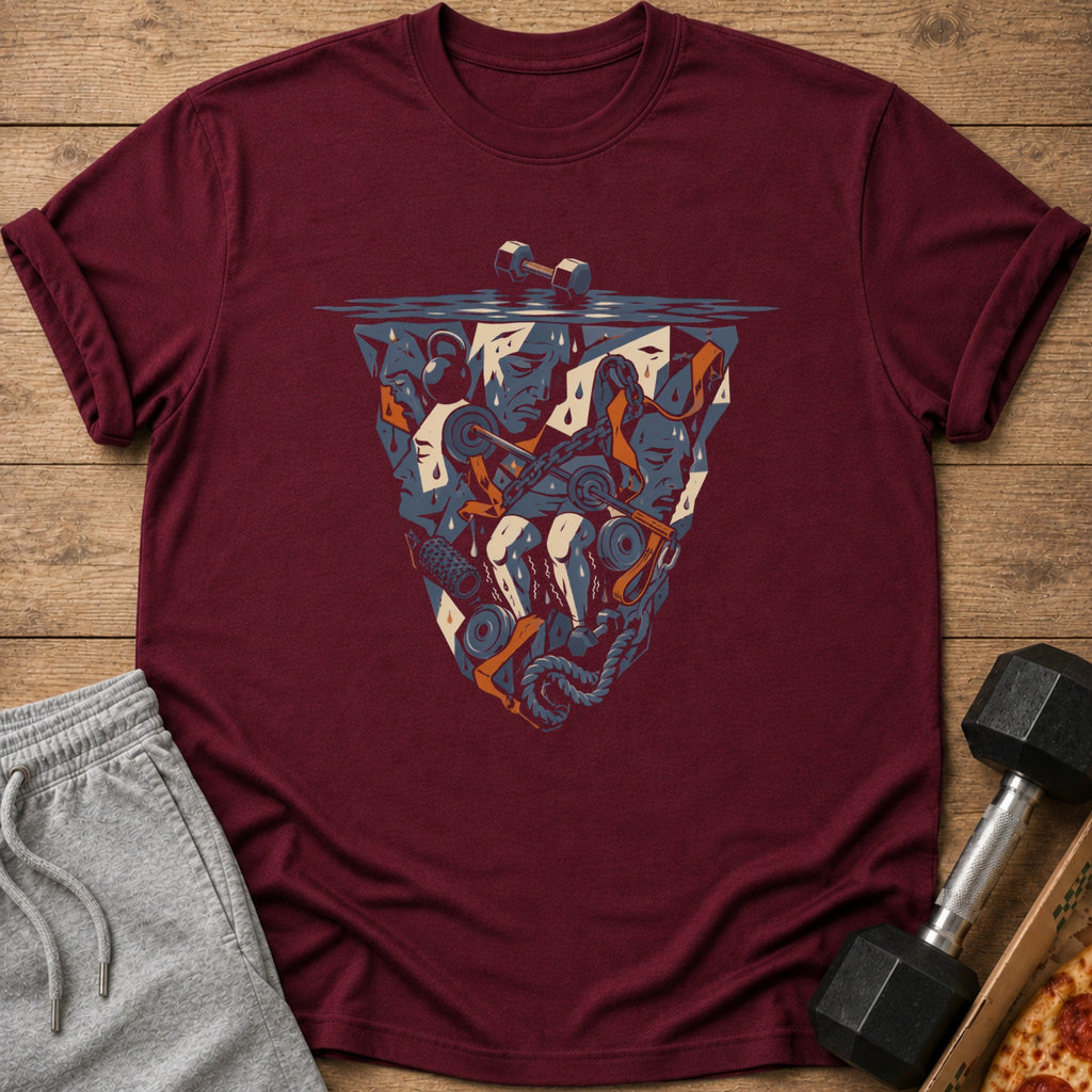 Maroon t-shirt with an abstract workout graphic featuring faces, weights, and chains.