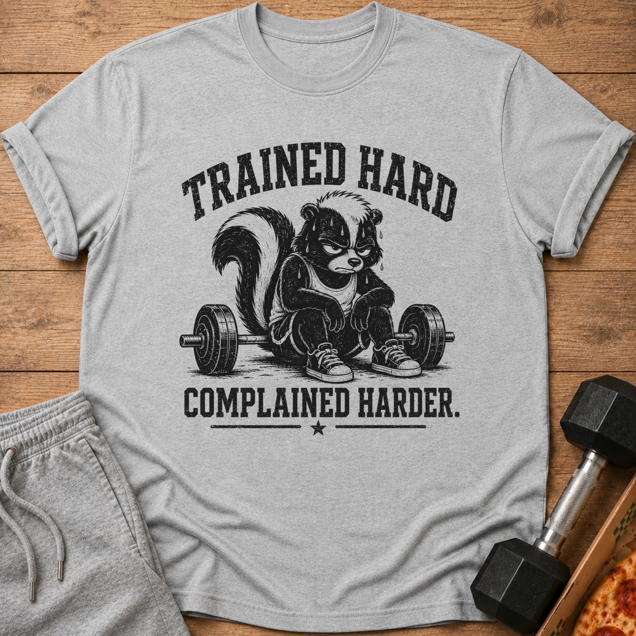 T-shirt with a skunk sitting by a barbell, text reads "Trained Hard Complaied Harder".