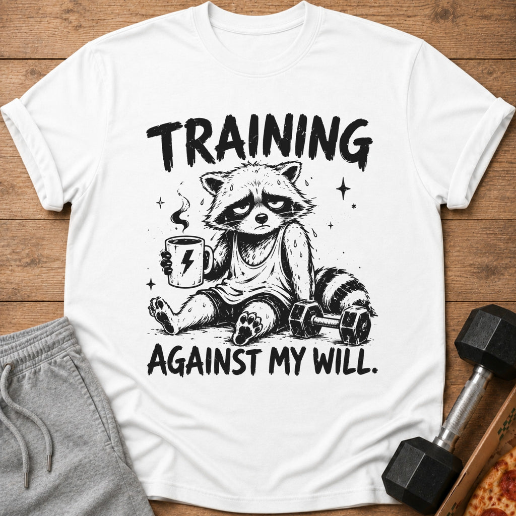 White t-shirt with black graphic of tired raccoon holding coffee cup and dumbbell, text reads "TRAINING AGAINST MY WILL."