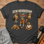 Dark grey t-shirt with five capybaras in gym attire and the text "Gym Membership Still Cheaper Than Therapy."
