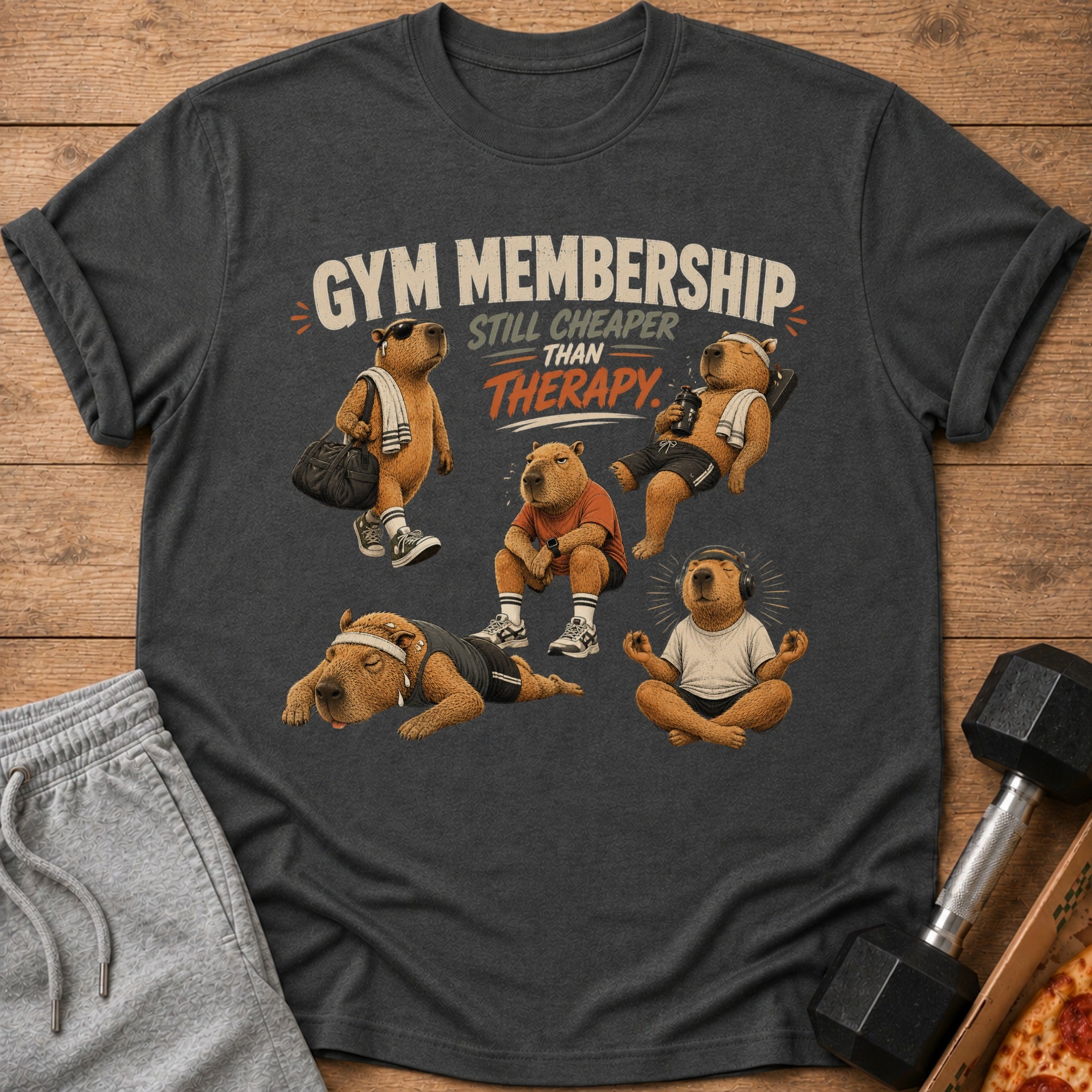 Dark grey t-shirt with five capybaras in gym attire and the text "Gym Membership Still Cheaper Than Therapy."