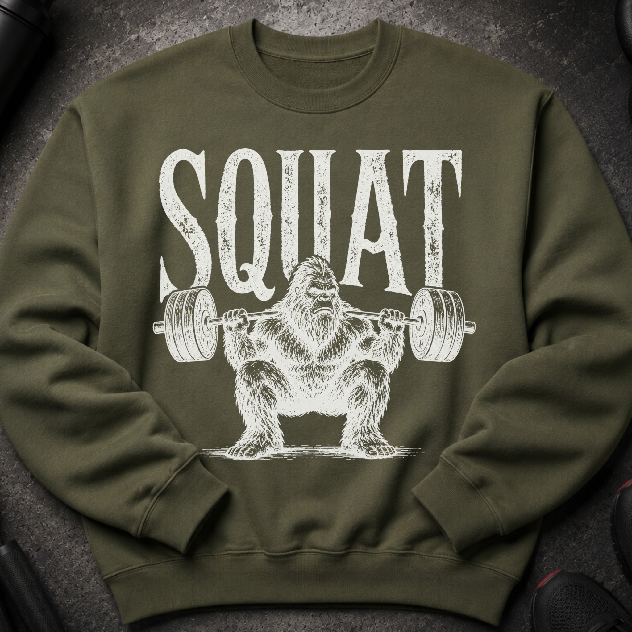 Green sweatshirt with "SQUAT" text and a hairy creature lifting weights.