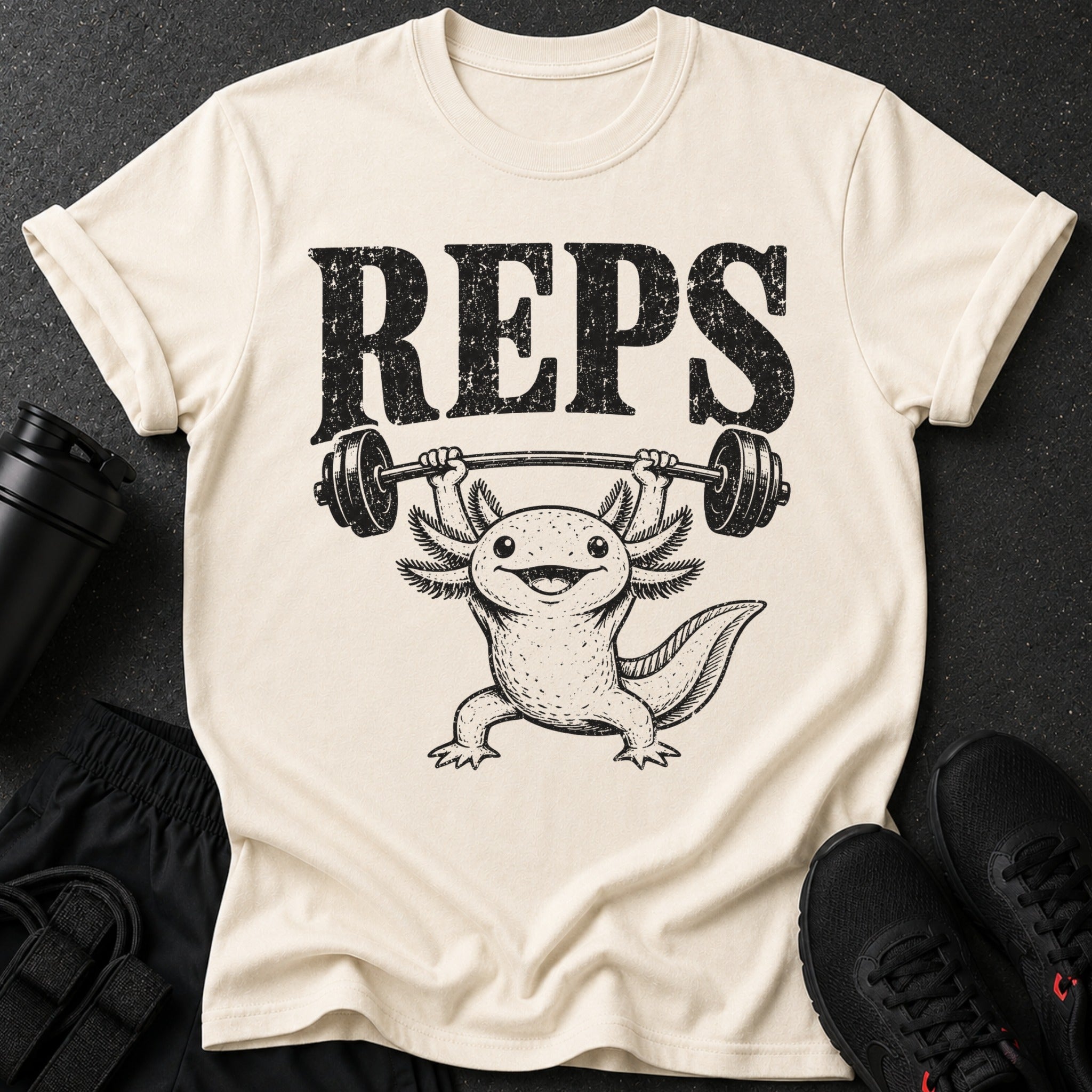 Cream t-shirt with black text "REPS" and an axolotl lifting a barbell.
