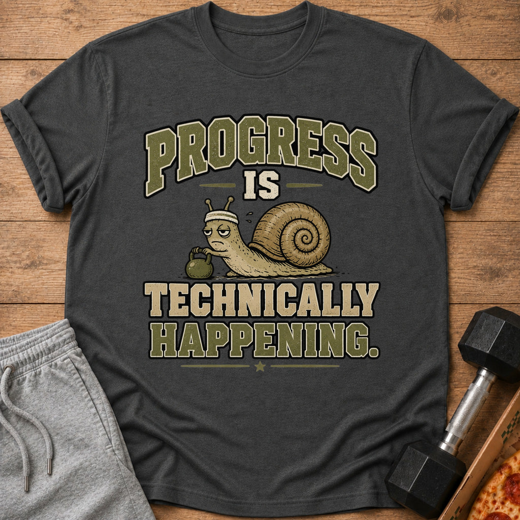 Dark gray t-shirt with a snail lifting a dumbbell and text "PROGRESS IS TECHNICALLY HAPPENING."