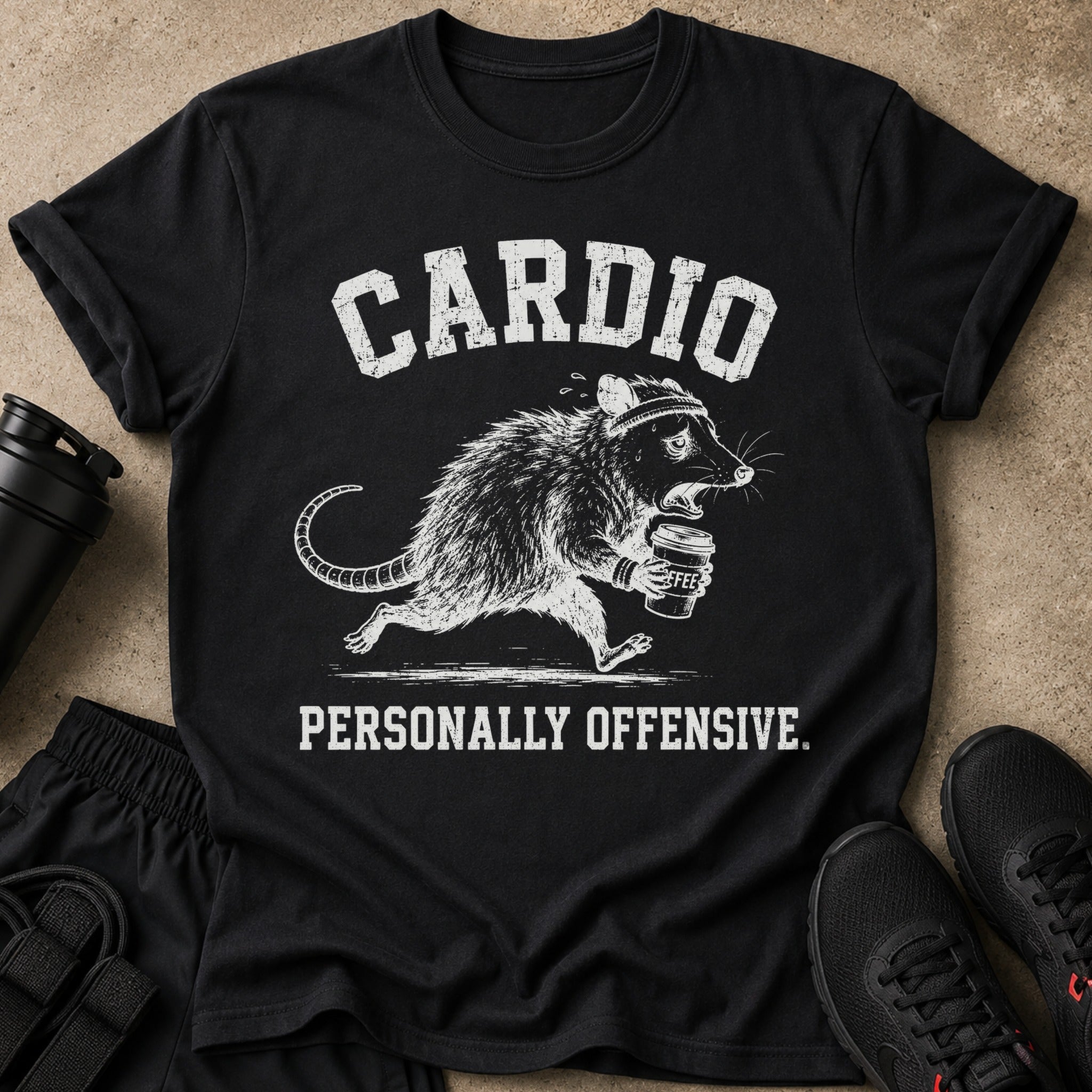 Black t-shirt with distressed "CARDIO" text and a tired opossum running with coffee.