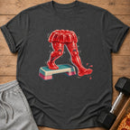 Red jelly legs with sad faces exercise on a step aerobics platform.