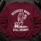 Maroon sweatshirt with a distressed white graphic of a grumpy frog holding a shaker bottle and a 24KG kettlebell.