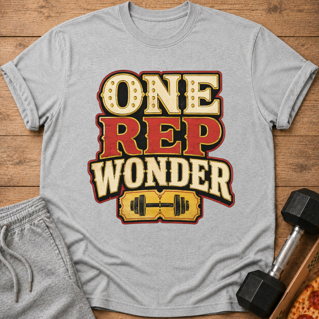 Gray t-shirt with "ONE REP WONDER" text and dumbbell graphic.
