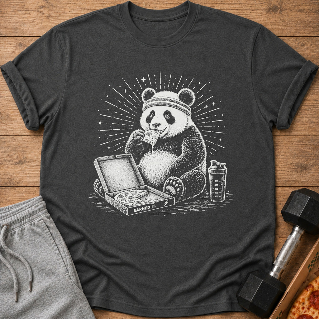 Panda wearing headband eating pizza next to shaker bottle and pizza box.