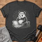 Panda wearing headband eating pizza next to shaker bottle and pizza box.