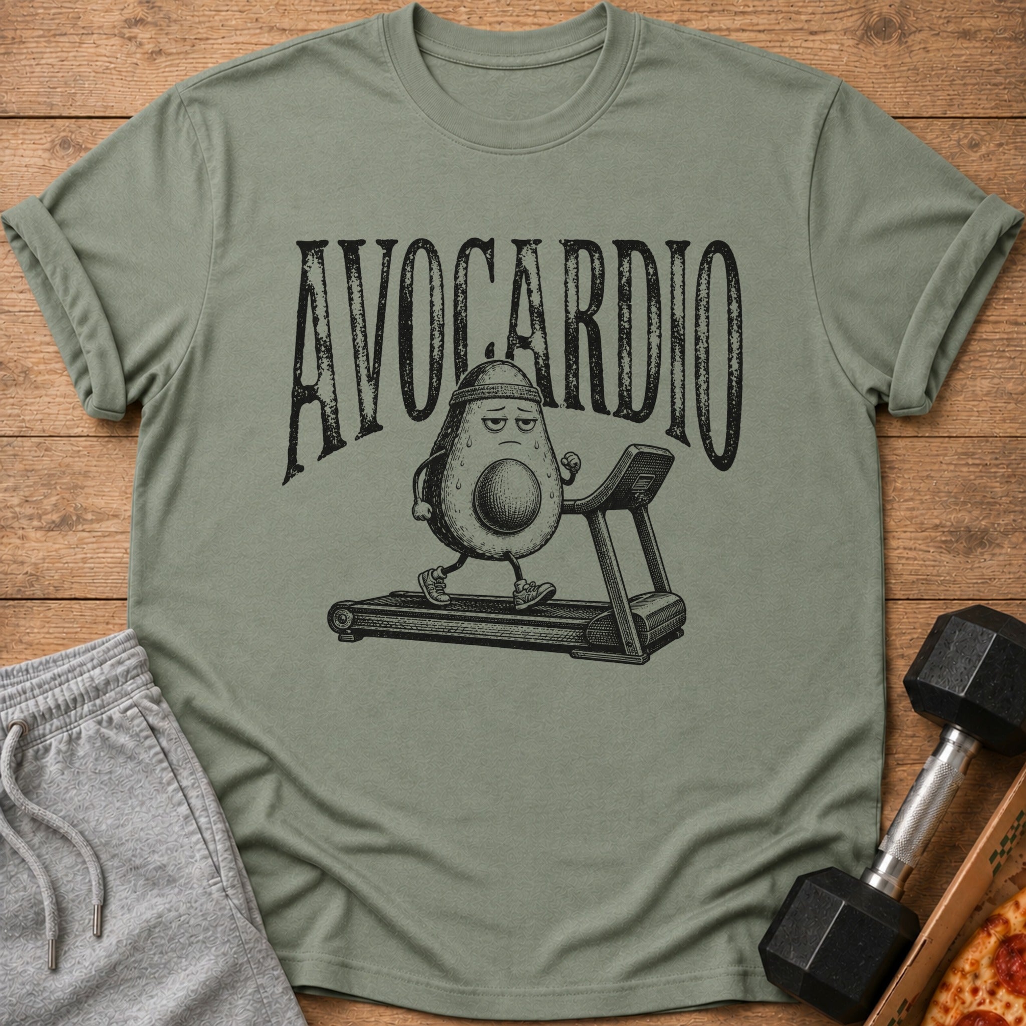 T-shirt with "AVOCARDIO" text and avocado running on treadmill illustration.