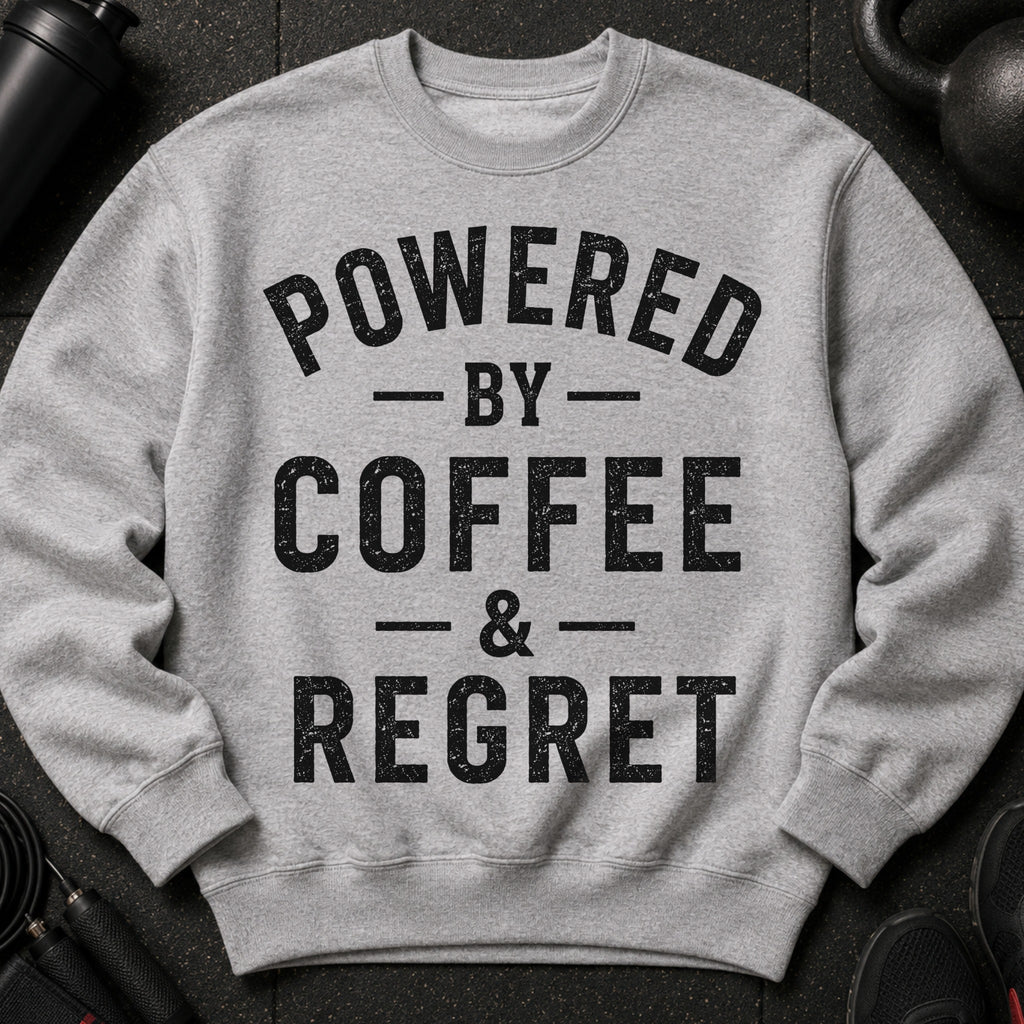 Gray sweatshirt with text "POWERED BY COFFEE & REGRET" and gym equipment.