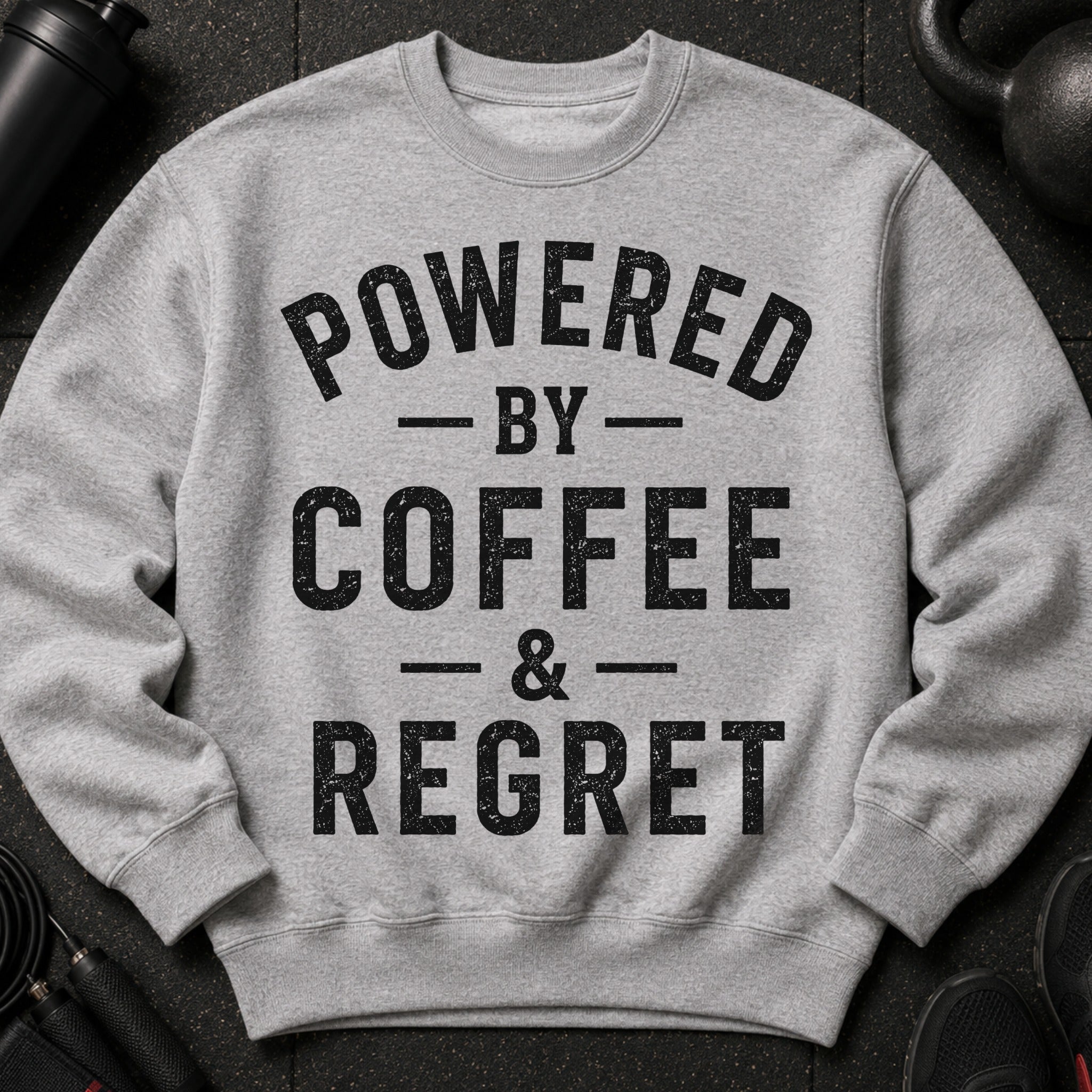 Gray sweatshirt with text "POWERED BY COFFEE & REGRET" and gym equipment.