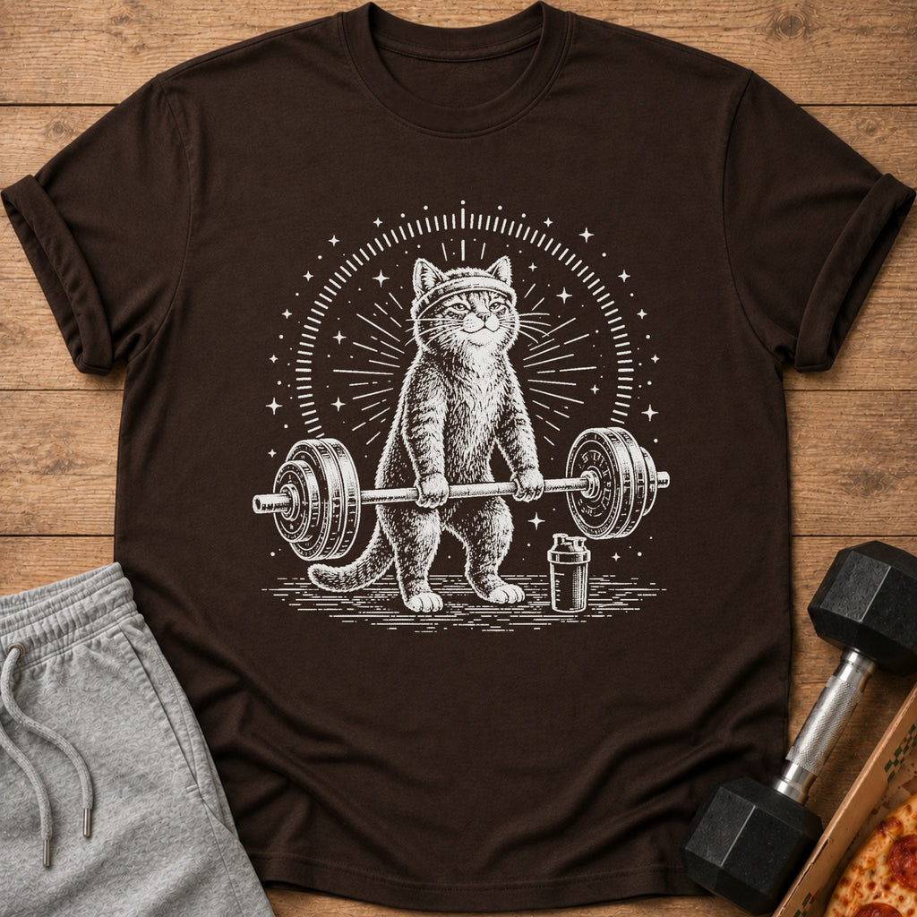 Brown t-shirt with a stylized illustration of a cat lifting weights.