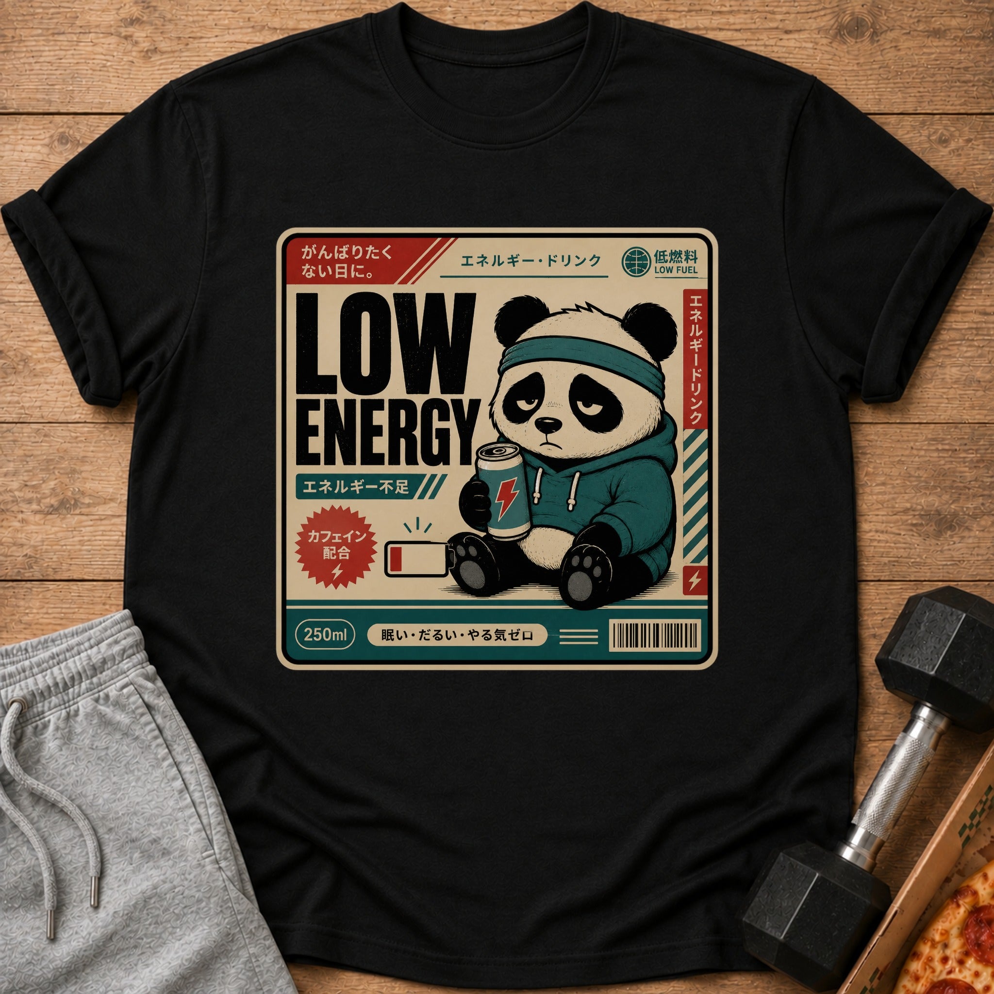 T-shirt with a sad panda holding a low-energy drink can and text in Japanese.