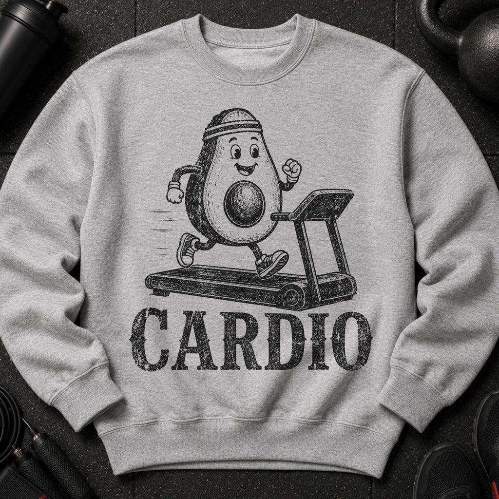 Gray sweatshirt with cartoon avocado running on treadmill and text "CARDIO".