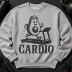 Gray sweatshirt with cartoon avocado running on treadmill and text "CARDIO".