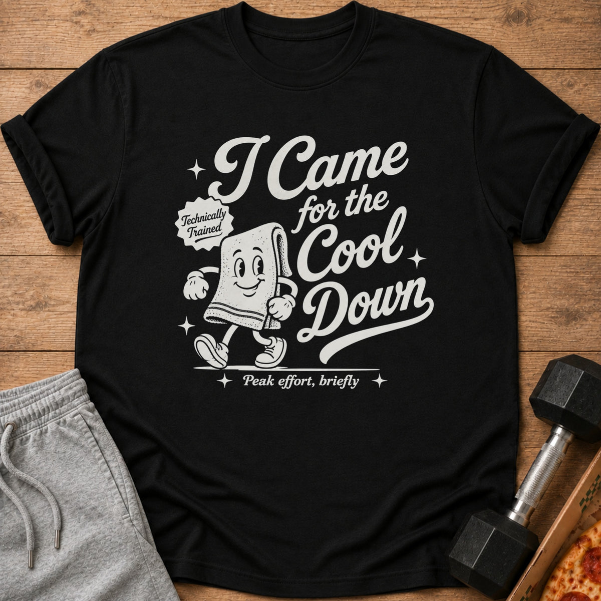 Black t-shirt with cartoon towel saying "I Came for the Cool Down".