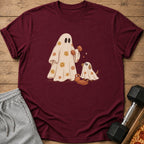 Maroon t-shirt with a graphic of a ghost holding a dumbbell and a dog ghost.