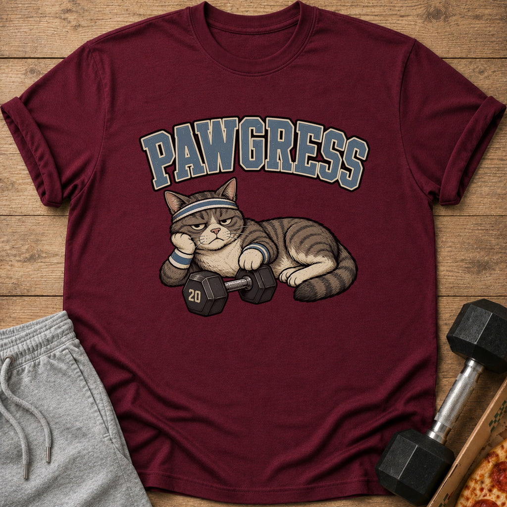 Maroon t-shirt with "PAWGRESS" text and a cat holding a dumbbell.